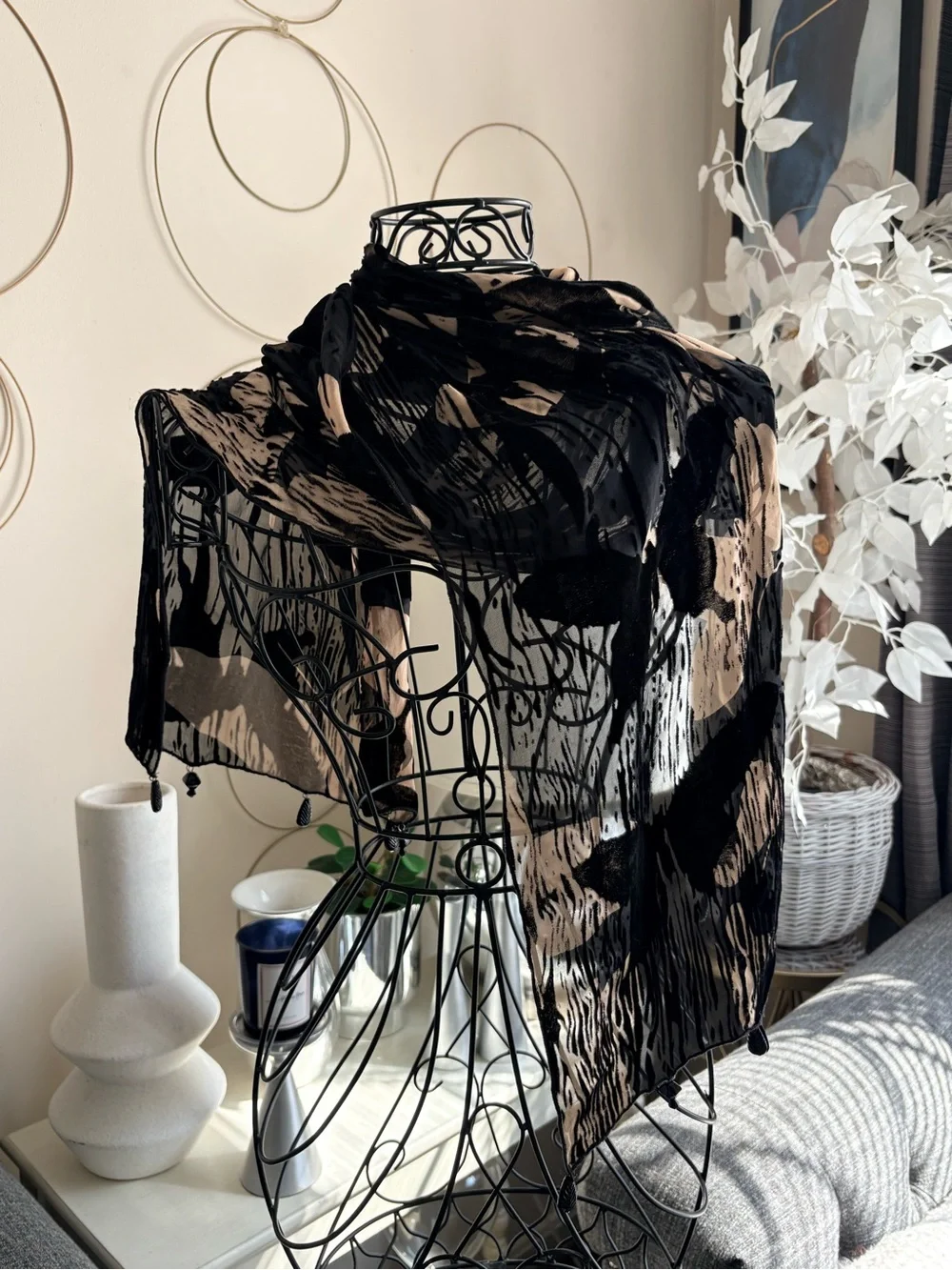 Black Beige Sheer Beaded Burnout Scarf 13 x 60